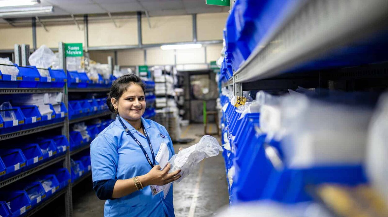 Smiling woman in a warehouse organizing inventory on shelves with blue bins.