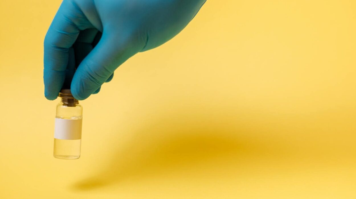 Close-up of a blue gloved hand holding a vaccine vial on a yellow background.
